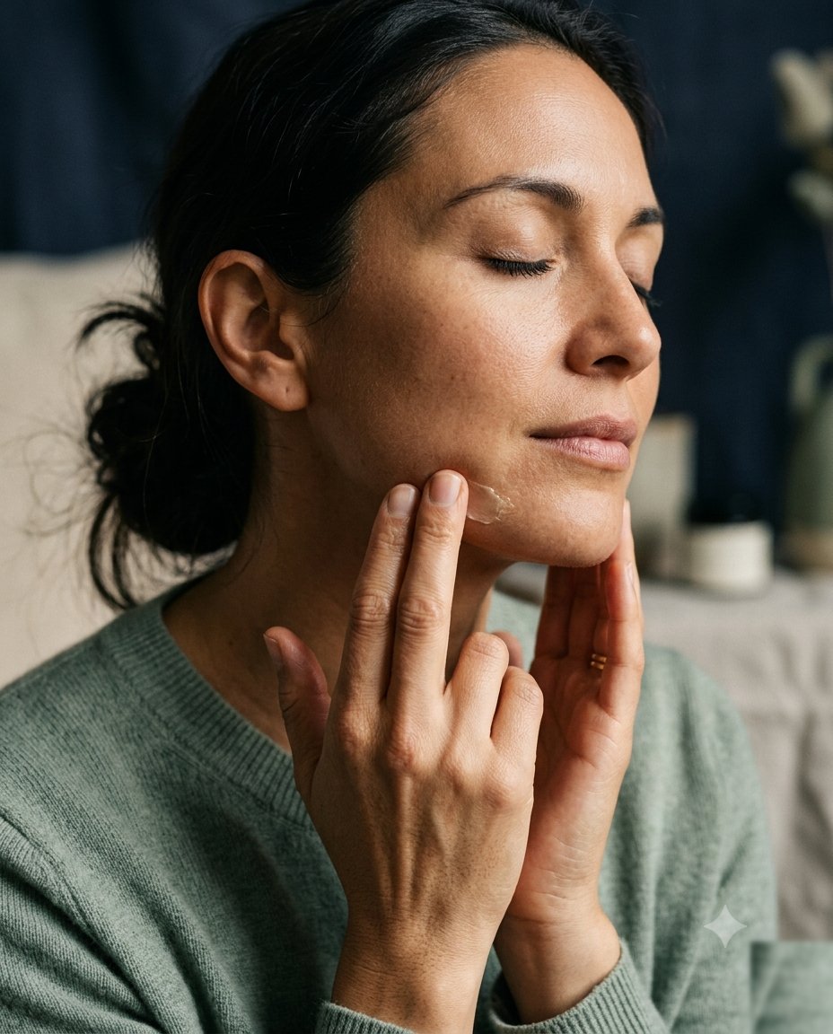 A woman massaging jaw balm into her masseter muscle to ease jaw tension