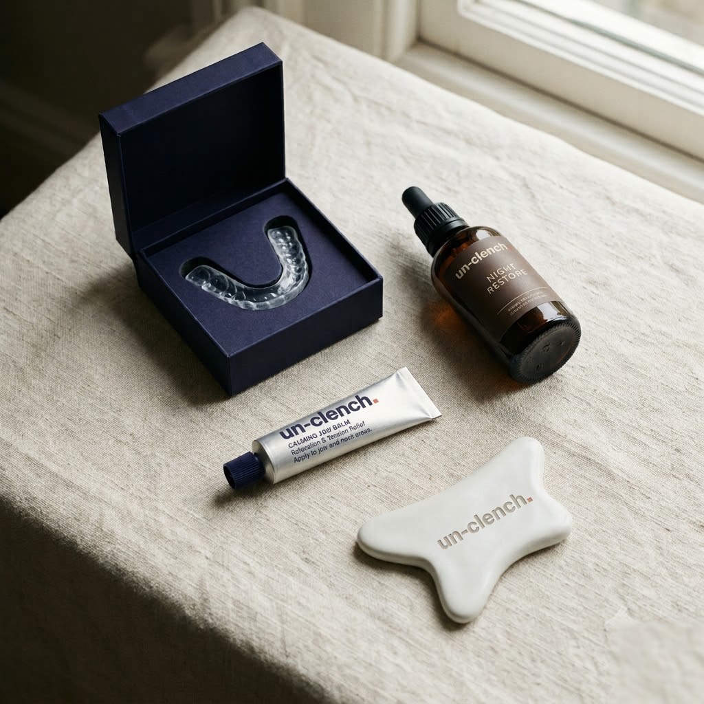 The Complete — the branded un-clench system: plate in its indigo case, Night Restore, jaw balm and release tool