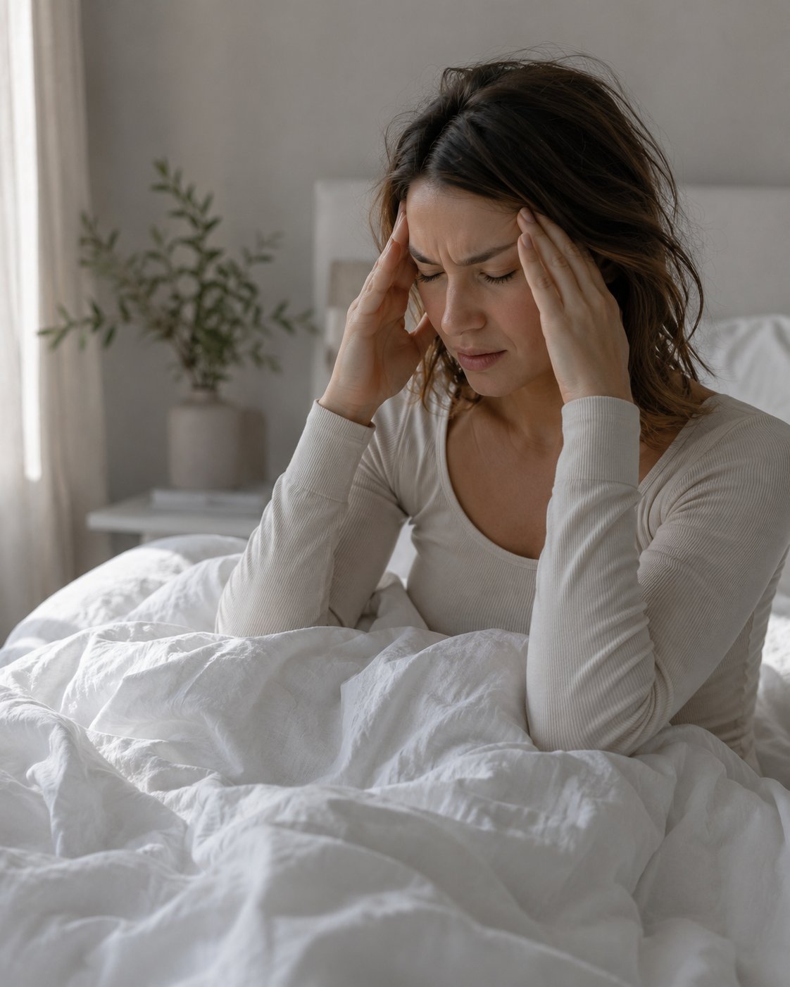 A woman waking with a tension headache, pressing her fingers to her temples