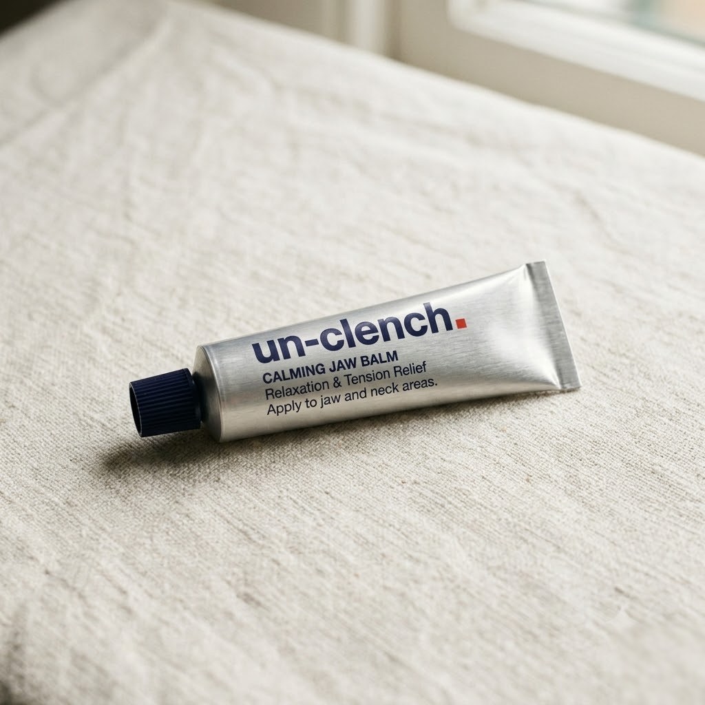 Un-clench Calming Jaw Balm in its brushed aluminium tube