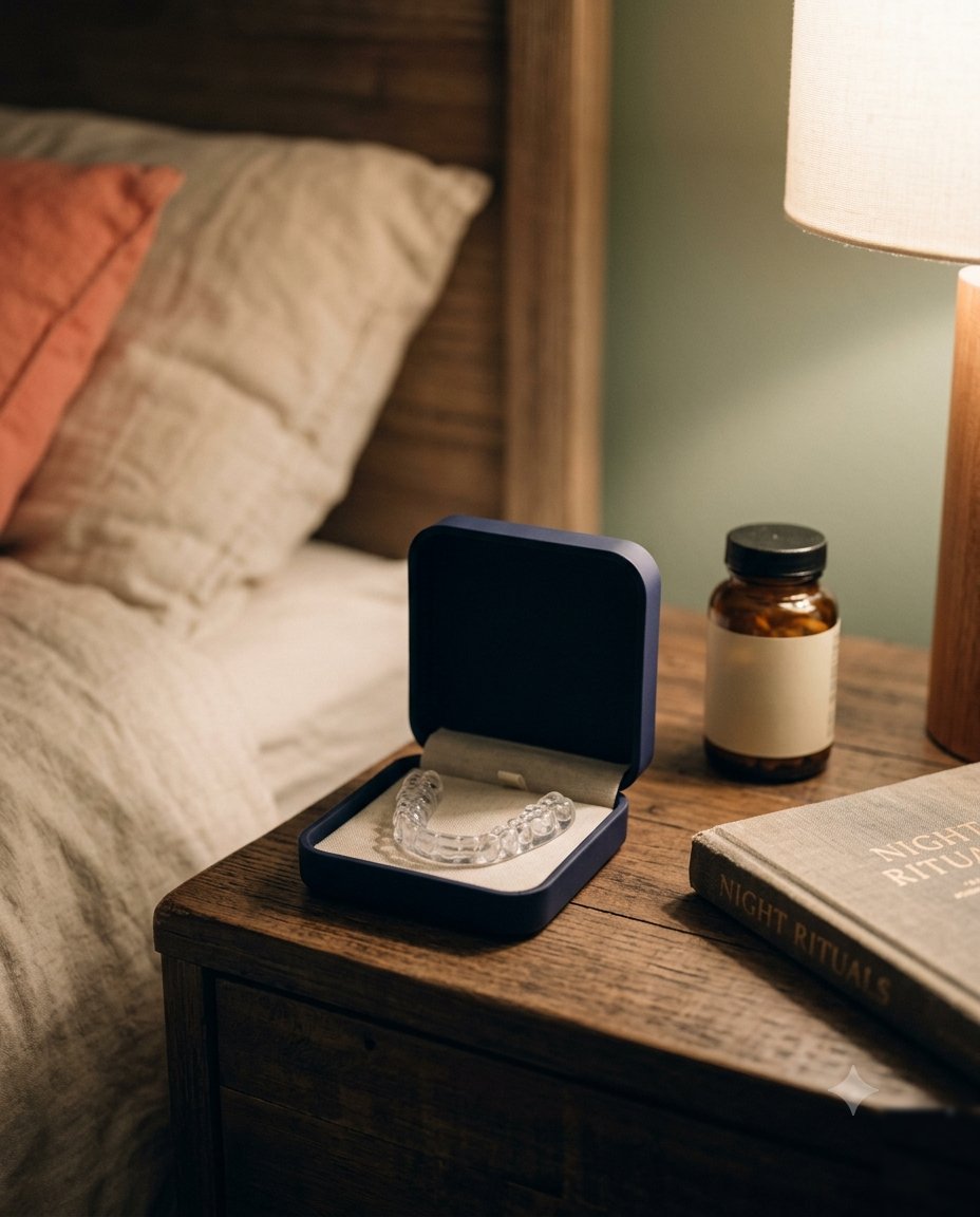 A custom Un-clench night guard in its case on a bedside table, part of a nightly routine
