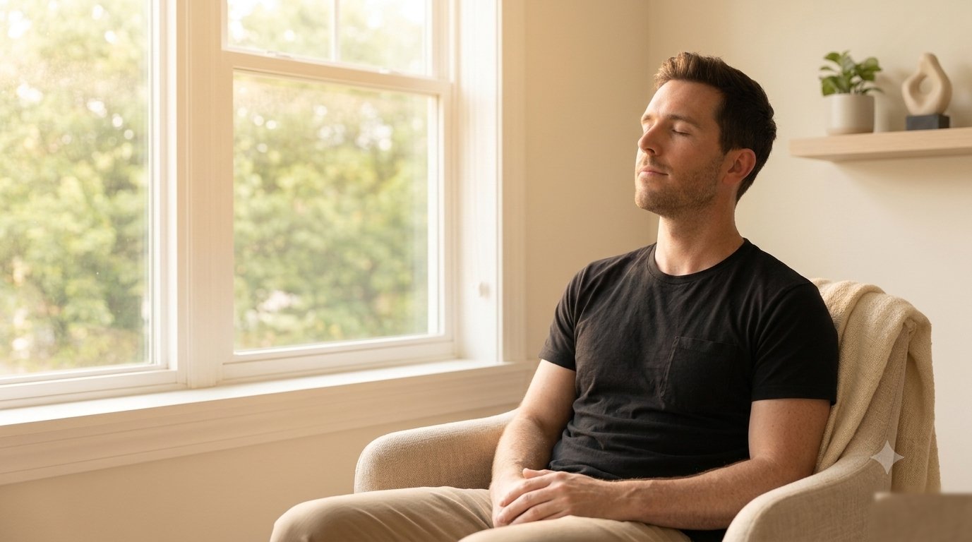 A man with a relaxed, unclenched jaw sitting calmly in morning light