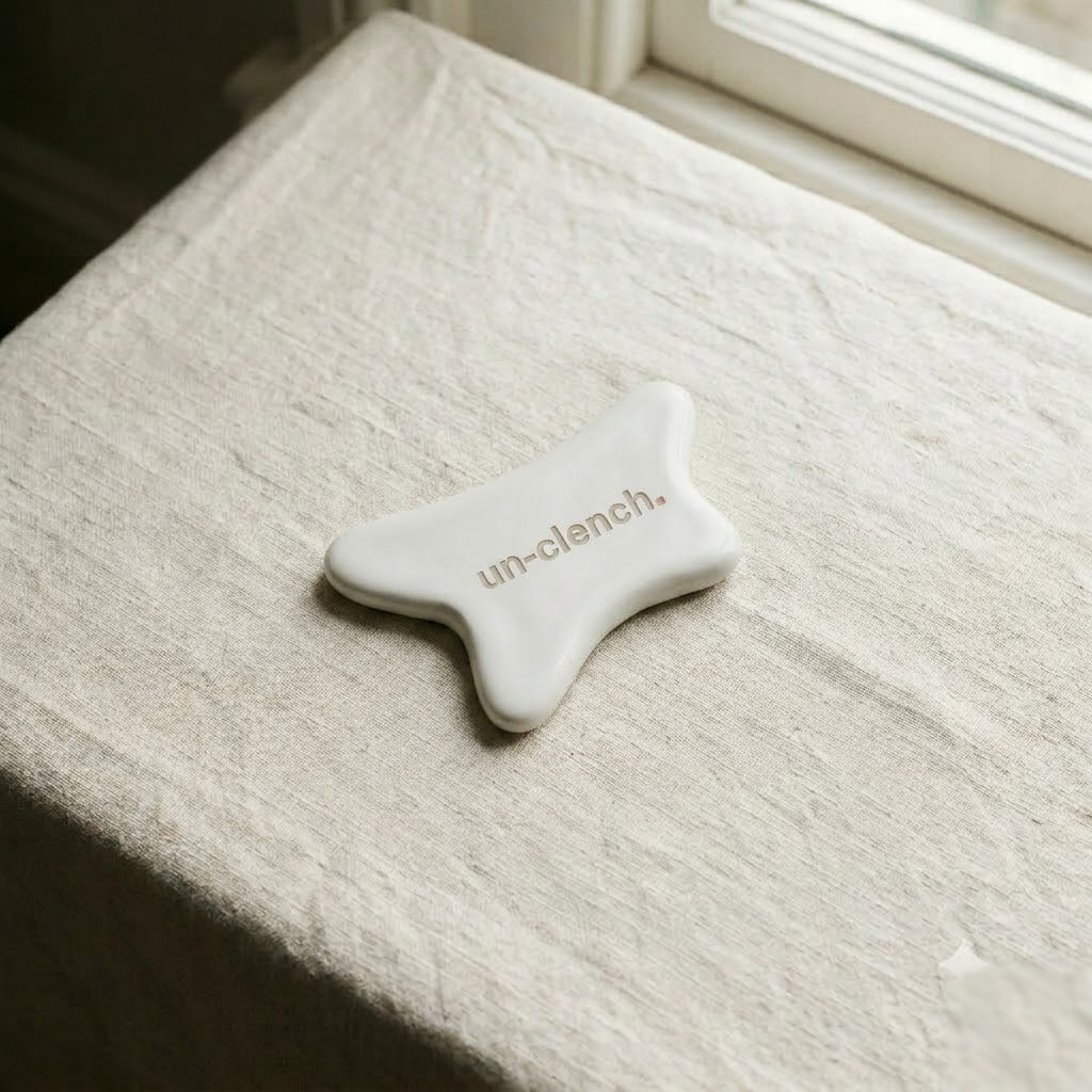 The un-clench Release Tool — a sculpted white trigger-point tool for the jaw