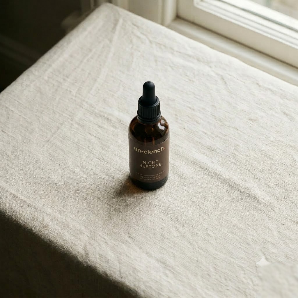 Un-clench Night Restore — the nightly supplement in an amber dropper bottle